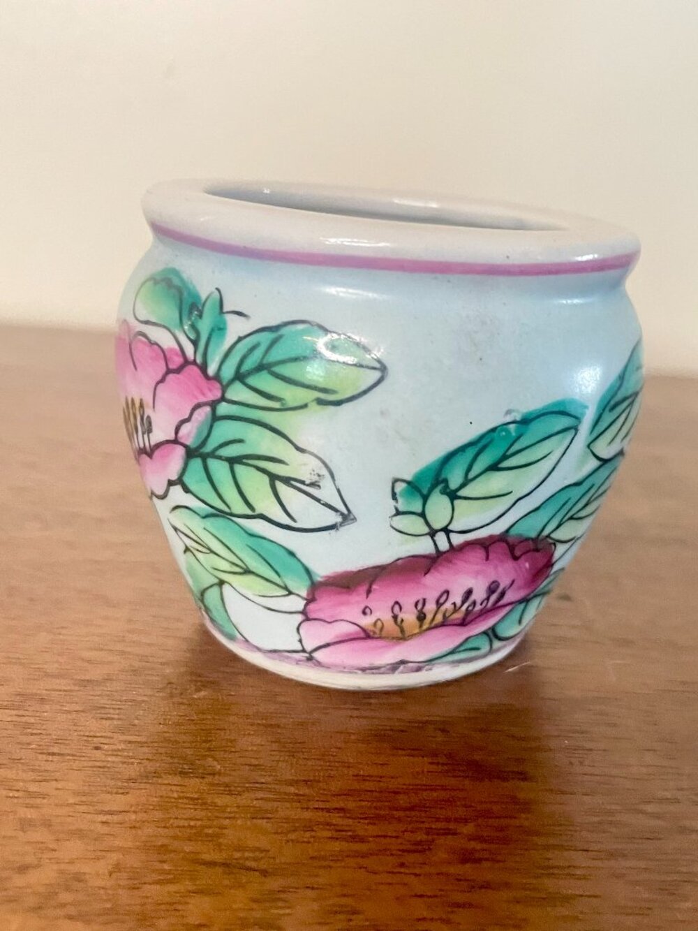 Vintage Flower Pot Turquoise & Pink Floral Asian Design